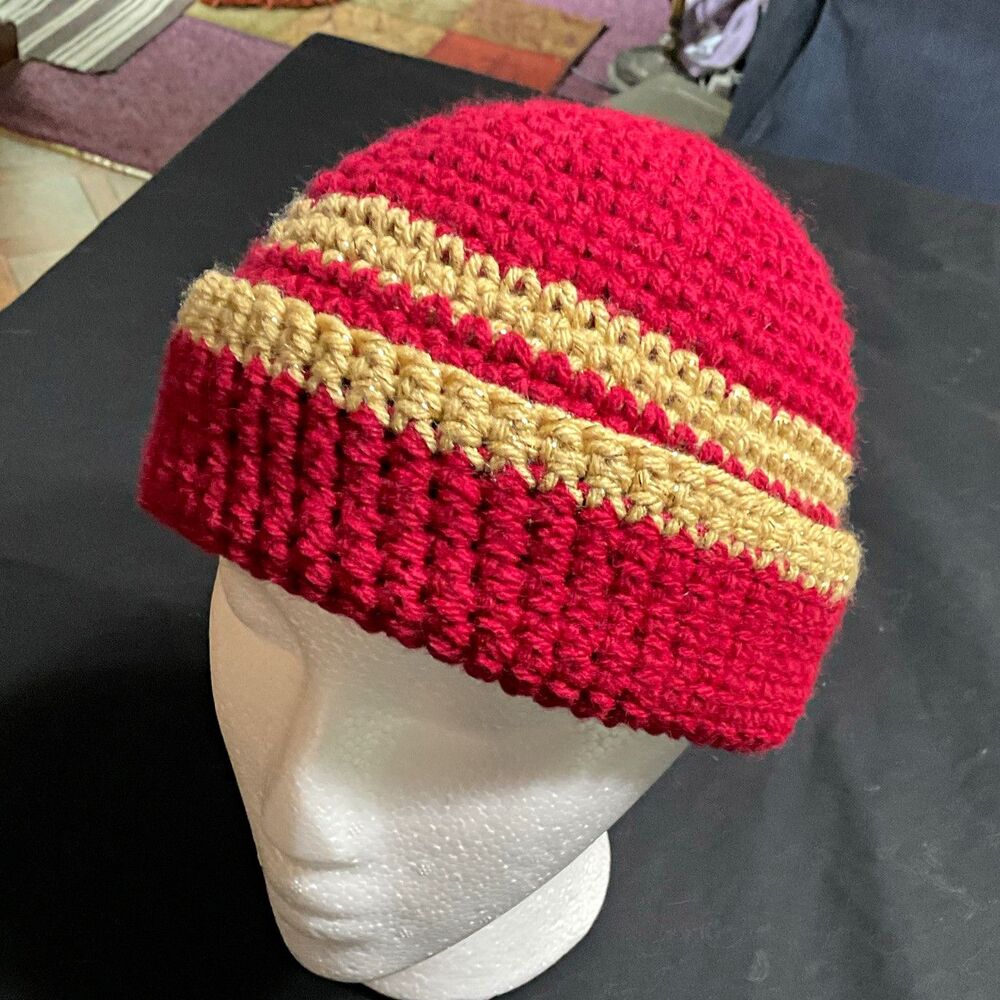 Handmade Handcrafted Crocheted Red Beanie Hat with Tan Striped Design